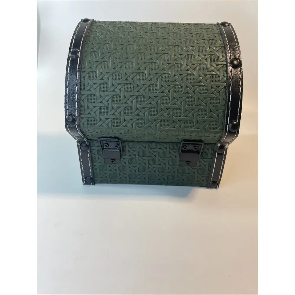 Green Wooden Jewelry Box Leather Handmade Metal Hardware Chest Trinket Trunk